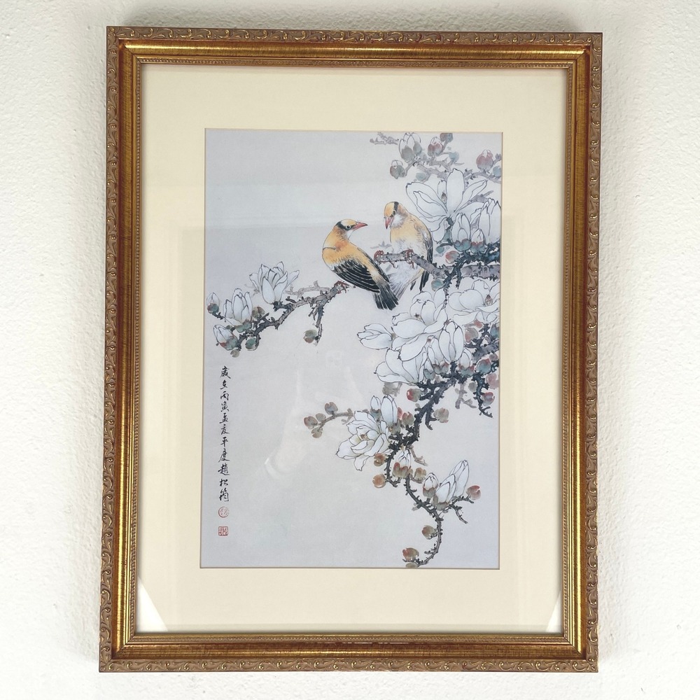 Vintage Chinese Watercolor Painting Bird Magnolia Blooms Framed Zhao Zhaojun